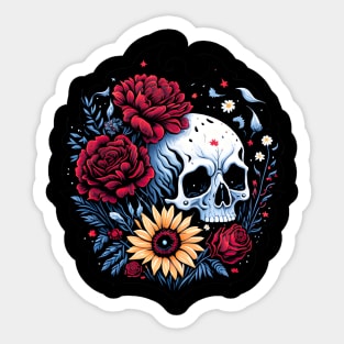 Spooky skull with red roses and sunflower floral Sticker